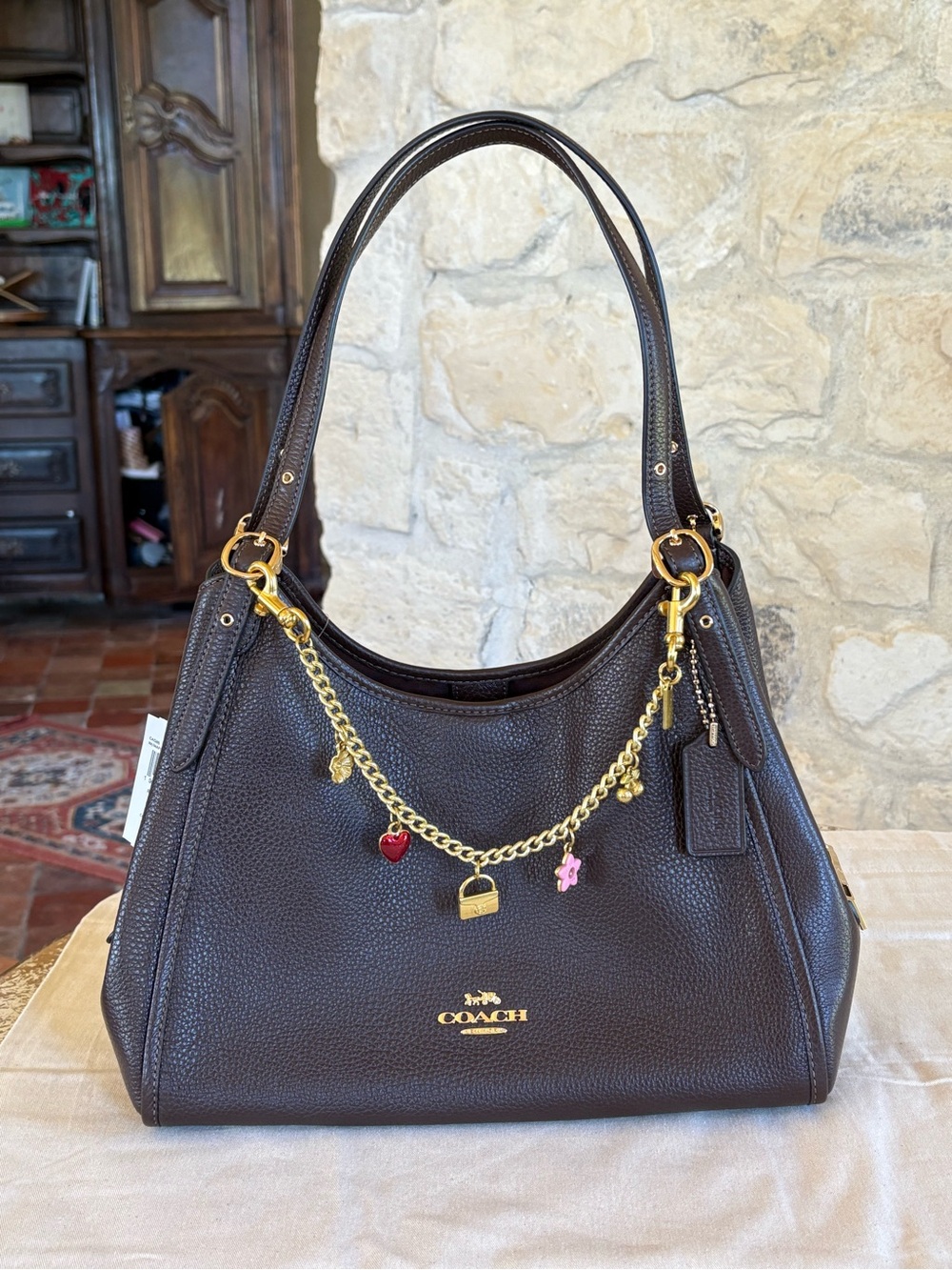 Coach Dark Brown Pebbled Leather Shoulder Bag with Charm Chain Accent